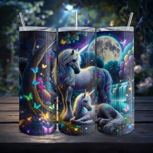 Unicorn Moonlight Magic 20oz Skinny Tumbler Wrap Digitale Download Naadloze PNG Mystieke Fantasy Art Vlinders Waterval Naadloze PNG