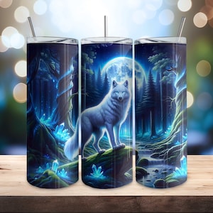 Majestueuze witte wolf 20oz magere beker wrap, digitale download beker png, naadloos ontwerp beker, wolf beker wrap, hemelse boskunst