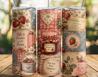 Strawberry Gingham Quilt Tumbler Wrap PNG, Grandmacore Farmhouse Sublimation Design, 20oz Skinny Wrap