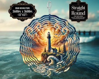 Lighthouse Windspinner Sublimation PNG, Nautical Coastal Digital Download, Ocean Waves Wind Spinner Art DIY Design