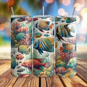 Tropical Fish Tumbler Wrap, Colorful Coral Reef Seamless 20oz Skinny Tumbler PNG, Ocean Underwater Sea Life Sublimation Design