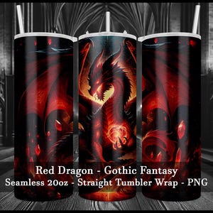 Red Dragon Tumbler Wrap PNG – Gothic Fantasy Seamless Design for 20oz Skinny Tumbler, Fire Dragon Digital Art Download, Dark Mythical Wrap image 2