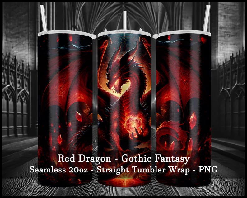 Red Dragon Tumbler Wrap PNG – Gothic Fantasy Seamless Design for 20oz Skinny Tumbler, Fire Dragon Digital Art Download, Dark Mythical Wrap image 2