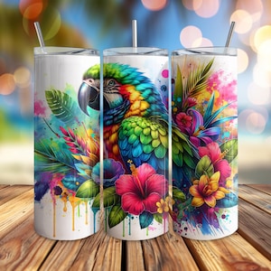 Tropical Parrot Tumbler Wrap Digital Download, 20oz Skinny Tumbler Wrap, Seamless PNG, Colorful Exotic Bird, Floral Tumbler Design