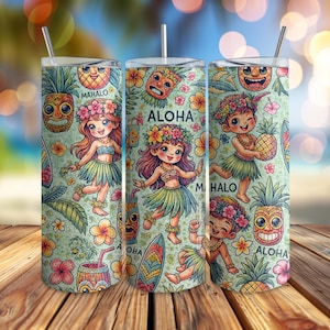 Hawaiiaanse hula-dansers Tumbler Wrap 20oz Skinny Tumbler PNG tropische digitale download Aloha Mahalo naadloze Tiki-patroon Luau Beach Cup Wrap