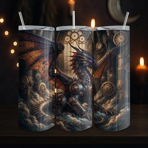 May include: Three stainless steel insulated tumblers with a steampunk dragon design. The dragon is depicted with mechanical parts, wings, and a purple head. The background features gears, clouds, and a gothic window. Each tumbler has a silver lid and a straw.