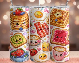 Kawaii Breakfast Tumbler Wrap PNG, Cute Glitter Food 20oz Skinny Tumbler Design, Pancakes Waffles Bacon Eggs Coffee Sublimation Download