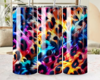 Tumbler sottile da 20 oz con stampa leopardata colorata, download digitale, PNG senza soluzione di continuità, design con stampa animalier, motivo leopardato arcobaleno