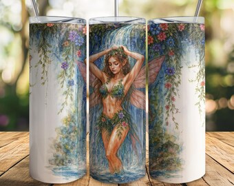 Envoltura para vaso delgado de 20 oz con diseño de hada bajo la cascada, descarga de arte de fantasía PNG sin costuras, envoltura digital de hada mágica, PNG de sublimación