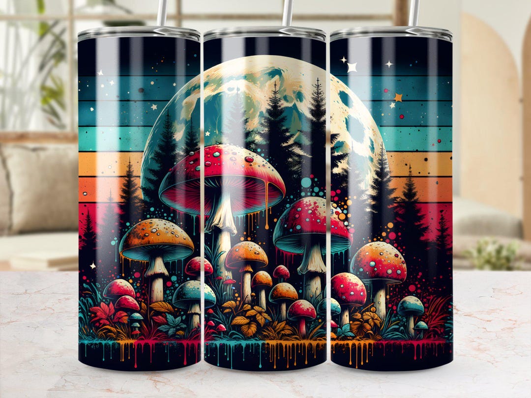 Vintage Boho Mushroom Moon Tumbler Design, Psychedelic Forest