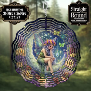 May include: A metal wind chime with a crescent moon design featuring a fairy with wings and a flower crown. The chime is decorated with purple, green, and yellow flowers and stars. The text "Straight and Round" is visible in the upper right corner of the image.