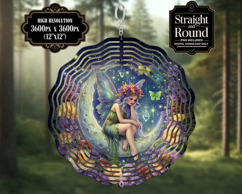May include: A metal wind chime with a crescent moon design featuring a fairy with wings and a flower crown. The chime is decorated with purple, green, and yellow flowers and stars. The text "Straight and Round" is visible in the upper right corner of the image.