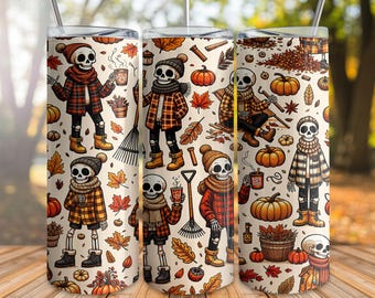 Tumbler avvolgente con scheletro autunnale in formato PNG, scheletri autunnali in flanella con foglie e zucche, grazioso design a sublimazione autunno 2025 per magro da 20 once