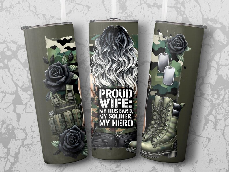 Military Wife Tumbler Wrap, Military Boots, Proud Patriotic Wife, US American Flag, 20 Oz Skinny Sublimation Tumbler Wrap Digital Design PNG image 5
