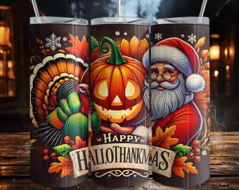 Puede incluir: Un juego de tres vasos de acero inoxidable con diseños festivos. Uno presenta un pavo, otro una calabaza de Halloween y el tercero a Papá Noel. Los vasos tienen un fondo marrón oscuro con el texto "Happy Hallothankmas". Cada vaso tiene una pajita.