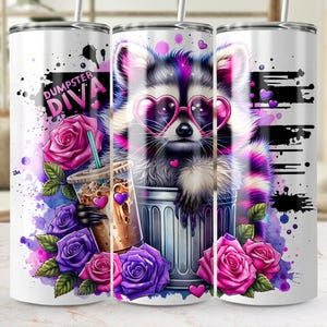 Vaso delgado de 20 oz con diseño de sublimación de Dumpster Diva Stay Trashy Raccoon, descarga digital PNG, divertido vaso con diseño de mapache