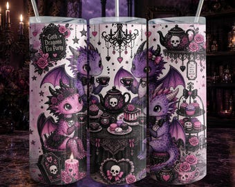 Goth Dragons Tea Party Tumbler Wrap PNG, Spooky Cute Gothic Dragon Sublimation, Pastel Goth Fantasy 20oz Skinny Tumbler Wrap