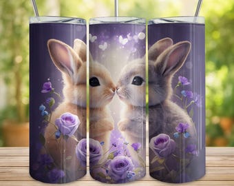 Cute Bunny Purple Floral 20oz Skinny Tumbler Wrap, Adorable Rabbit Digital Download, Seamless PNG Design, Easter Bunny Tumbler Design