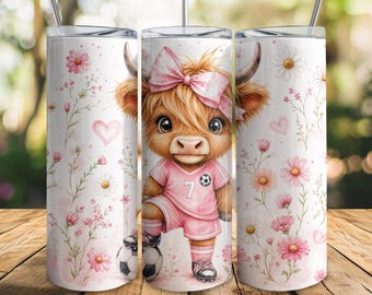 Highland Cow Soccer Girl Tumbler Wrap PNG, Coquette Soccer Tumbler, Girls Soccer Gift, Pink Soccer Tumbler, 20oz Skinny Wrap