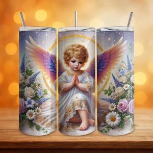Angelic Cherub 20oz tumbler sottile avvolgere download digitale senza soluzione di continuità PNG angelo illustrazione sfondo floreale colori pastello download immediato