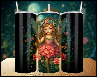 Envoltorio para vaso de hada joven encantada, PNG delgado sin costuras de 20 oz, chica de fantasía pastel, descarga digital caprichosa