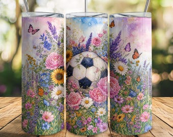 Floral Soccer Ball Tumbler Wrap PNG, Wildflower Soccer Tumbler, Watercolor Soccer Wrap, Soccer Mom Gift, 20oz Skinny Tumbler Wrap