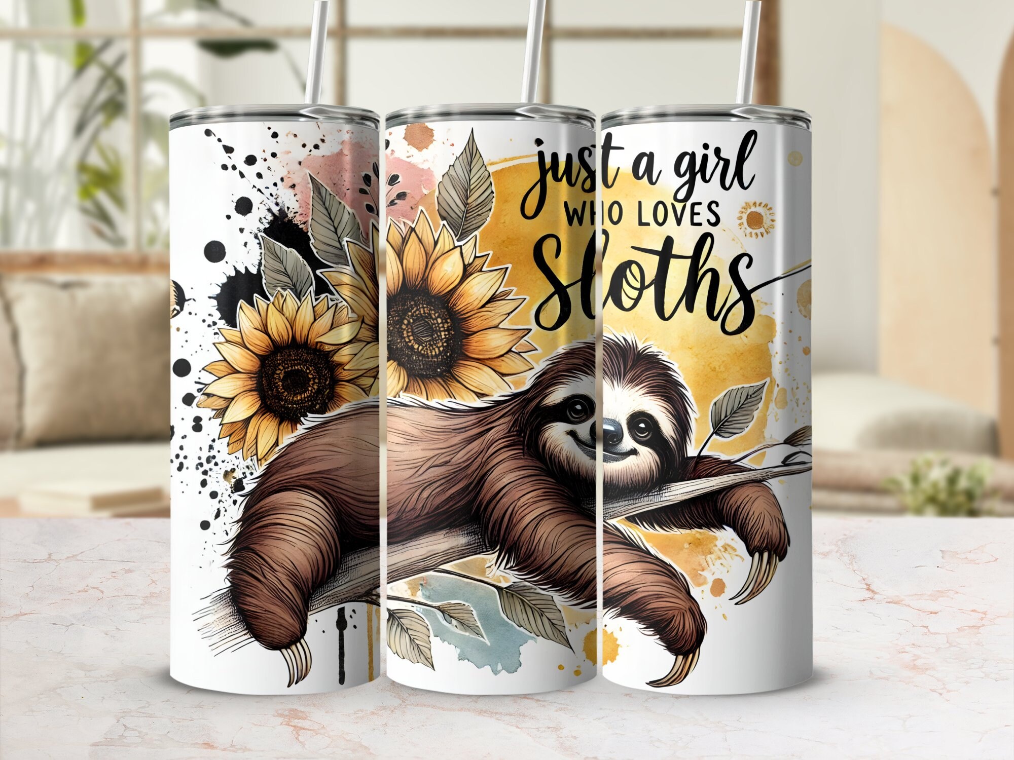 Just a Girl Who Loves Sloths Tumbler Wrap, Cute Sloth Floral Sunflower ...