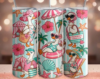 Palm Beach Goose Club Tumbler Wrap PNG, Preppy Coastal Goose Sublimation, Pink Aqua Beach Club Wrap, Funny Goose 20oz Skinny Tumbler