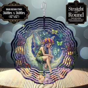 May include: A metal wind chime with a circular design featuring a fairy sitting on a crescent moon. The fairy has long purple hair, a green dress, and a flower crown. The background is a dark blue sky with stars and flowers.