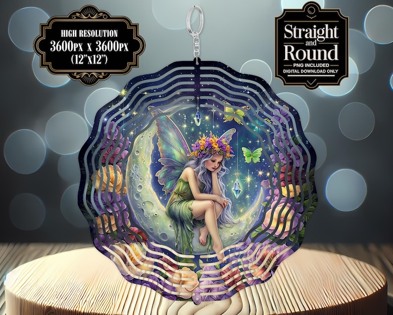 May include: A metal wind chime with a circular design featuring a fairy sitting on a crescent moon. The fairy has long purple hair, a green dress, and a flower crown. The background is a dark blue sky with stars and flowers.