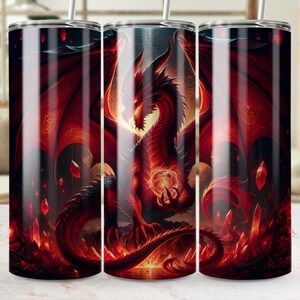 Red Dragon Tumbler Wrap PNG – Gothic Fantasy Seamless Design for 20oz Skinny Tumbler, Fire Dragon Digital Art Download, Dark Mythical Wrap image 3