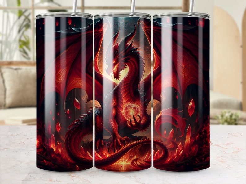 Red Dragon Tumbler Wrap PNG – Gothic Fantasy Seamless Design for 20oz Skinny Tumbler, Fire Dragon Digital Art Download, Dark Mythical Wrap image 3