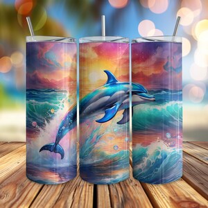 Vibrant Dolphin 20oz Skinny Tumbler Wrap, Ocean Waves & Sunset Digital Sublimation Design, Tropical Marine Life Tumbler Download
