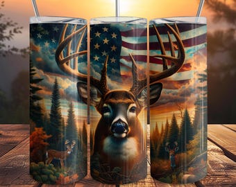American Deer Hunting 20oz Skinny Tumbler Sublimation Design, Patriotic Buck, American Flag, Sunset Forest Scene for Outdoorsmen