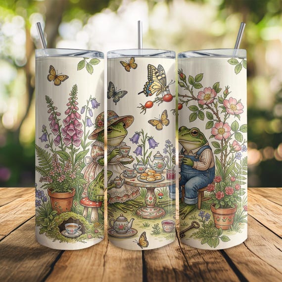 Frog Tea Party Tumbler Wrap PNG, Cottagecore Frog Tumbler Design, Cute Frog Garden Tea Party 20oz Skinny Tumbler Wrap, Spring Sublimation