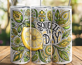 Lemon Squeeze the Day 20 Unzen Skinny Tumbler Wrap, digitaler Download, nahtlose PNG, lebendige Zitronenkunst, inspirierendes Tumbler Design