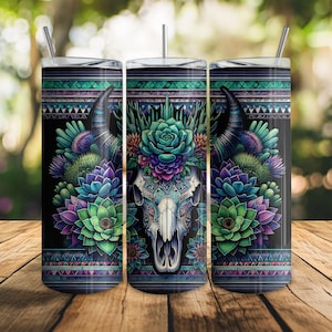 Boho Aztec 20oz tumbler wrap, 20 oz Western Bull Skull Black sublimation design, Rustic Watercolor Cactus Tribal Pattern Tumbler Wrap Png