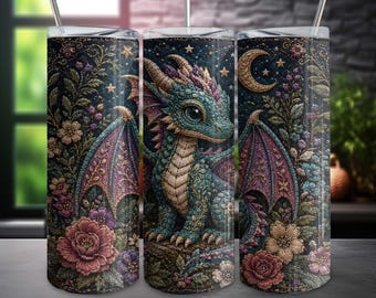 Cute Baby Dragon Tumbler Wrap PNG 20oz Skinny Tumbler Sublimation Digital Download , Fantasy Embroidered Floral Design Magical Mythical
