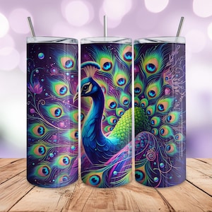 Vibrant Peacock 20oz Skinny Tumbler Wrap, Seamless Digital PNG Design, Colorful Feathers, Instant Download