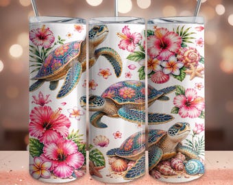 Tropical Sea Turtle Tumbler Wrap PNG, Hibiscus Floral 20oz Skinny Sublimation Design, Coastal Beach Sea Turtle Wrap Digital Download