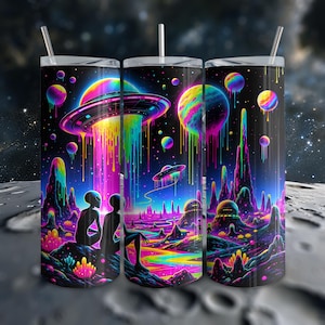 Alien Planet 20oz Skinny Tumbler Wrap Digital Download Seamless PNG, Psychedelic UFO Space Scene Tumbler Wrap, Cosmic Sci-Fi Tumbler Wrap
