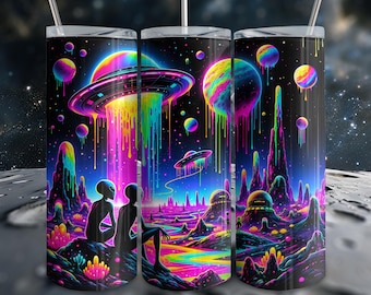 Alien Planet 20oz Skinny Tumbler Wrap Digital Download Seamless PNG, Psychedelic UFO Space Scene Tumbler Wrap, Cosmic Sci-Fi Tumbler Wrap
