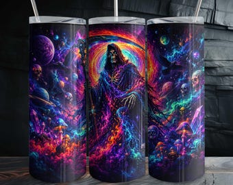 Cosmic Grim Reaper Tumbler Wrap PNG | Psychedelic Galaxy Skull, Raven & Mushroom 20oz Skinny Sublimation Design | Gothic Halloween Gift