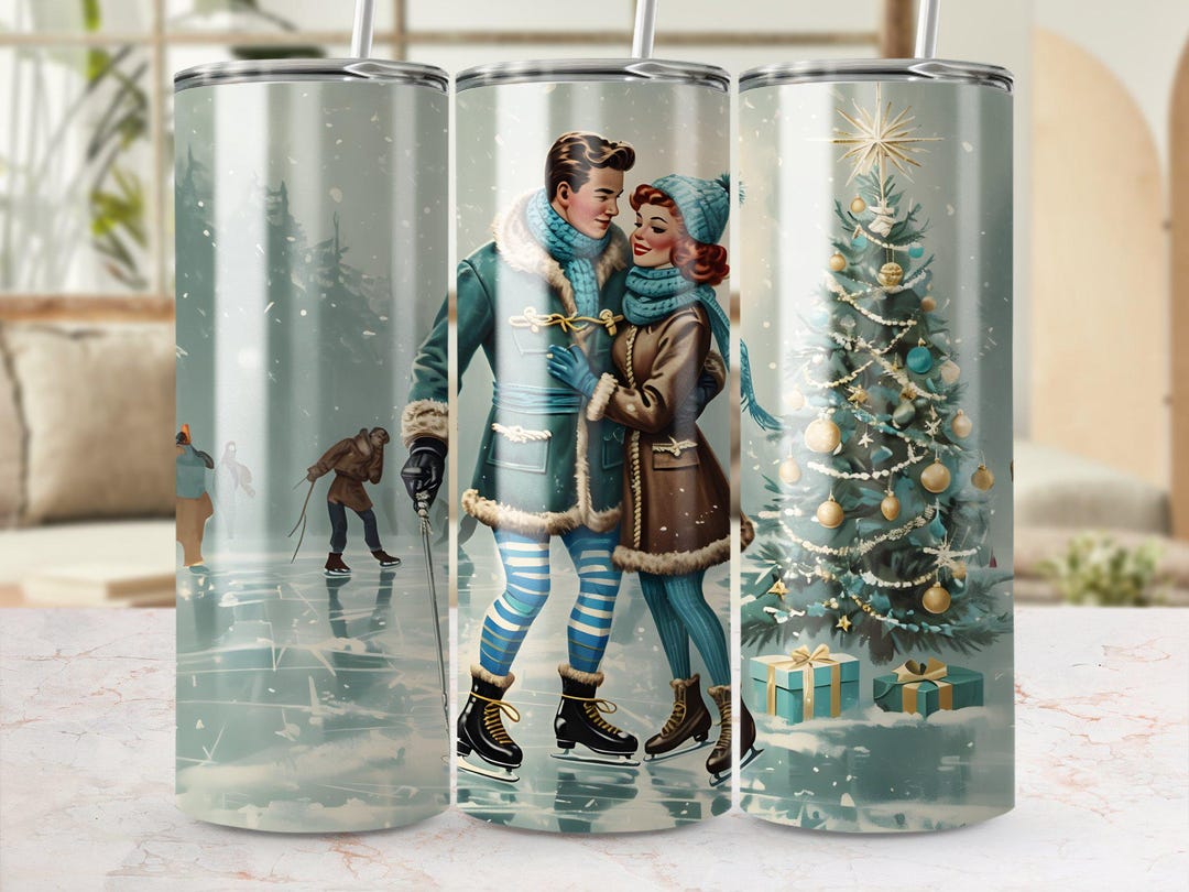 Vintage Christmas Couple Ice Skating 20oz Skinny Tumbler Seamless PNG ...