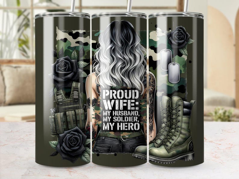 Military Wife Tumbler Wrap, Military Boots, Proud Patriotic Wife, US American Flag, 20 Oz Skinny Sublimation Tumbler Wrap Digital Design PNG image 2
