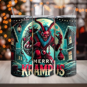 Merry Krampus Christmas 20oz Skinny Tumbler Wrap, Holiday Digital Download PNG, Seamless Horror Xmas Tumbler Design