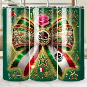 Latino Sublimation Tumbler Design, Mexican Flag Coquette Bow 20oz Tumbler Wrap PNG, Mexican Flag Art Latino PNG, Skinny Tumbler Download