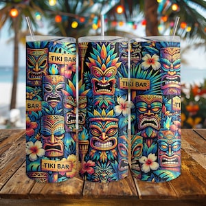 May include: Three colorful Tiki Bar tumblers with straws. The tumblers feature a vibrant design of Tiki masks, tropical flowers, and foliage. The words "Tiki Bar" are displayed on small wooden signs. The background includes palm trees and blurred lights.