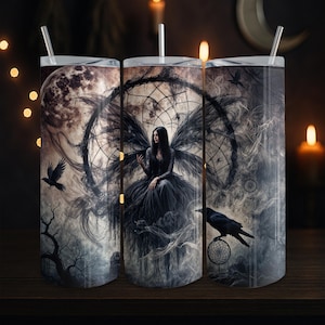 Gothic Fairy Tumbler Wrap, 20oz Skinny Tumbler, Digital Download, Seamless PNG, Dark Fantasy Art, Raven Moon Design