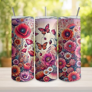 Bloemen vlindertuin 20oz skinny beker wrap, digitale download, naadloze png, kleurrijke bloemen, lente ontwerp